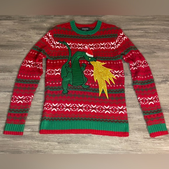 33 Degrees Men's Ugly Christmas Sweater Fire Breathing Dragon Size Small - Picture 1 of 6